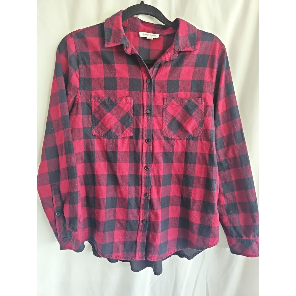 BeachLunchLounge Women's Small Red Black Buffalo Plaid Peplum Flannel Shirt